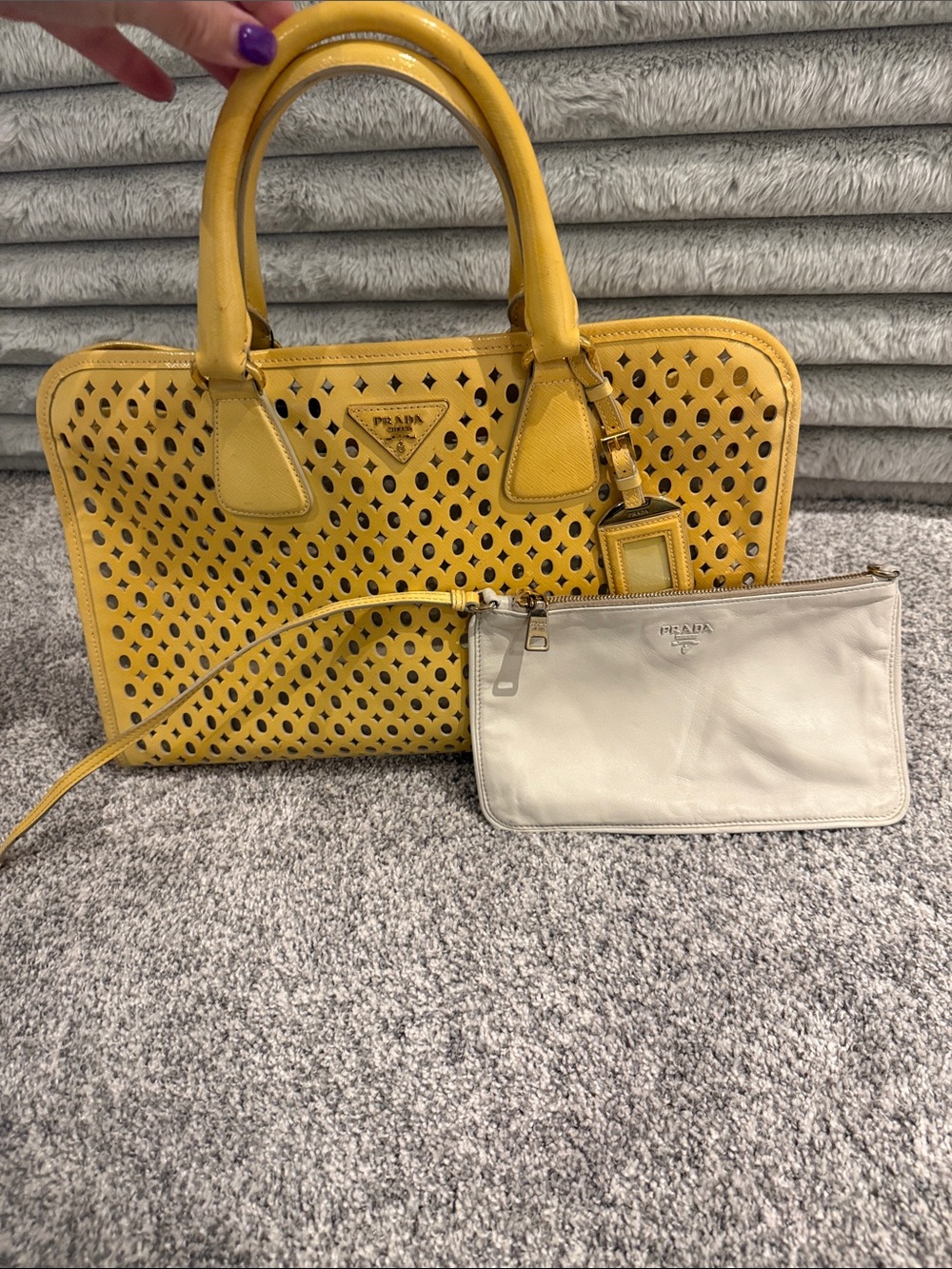 Prada Yellow Perforated Leather Satchel - Picture 9 of 9
